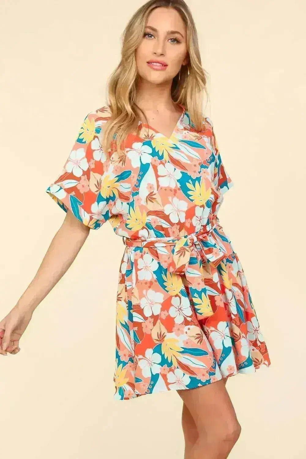 Tropical Floral Romper | Tied Waist Summer Jumpsuit | Femstylo