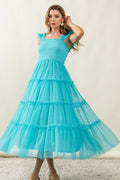 Frill Mesh Tiered Midi Dress For Women – Fluttering, Elegant, Romantic Frill Design with Mesh Details for a Feminine Silhouette