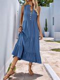 Decorative Dusty Blue Button Notched Sleeveless Dress Elegant & Feminine Style Long Dress For Women