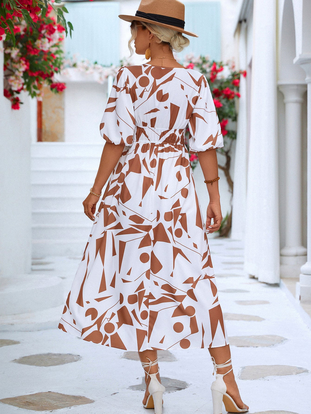 Black White Printed Balloon Sleeve Dress Elegant & Chic Casual Wear For Summer