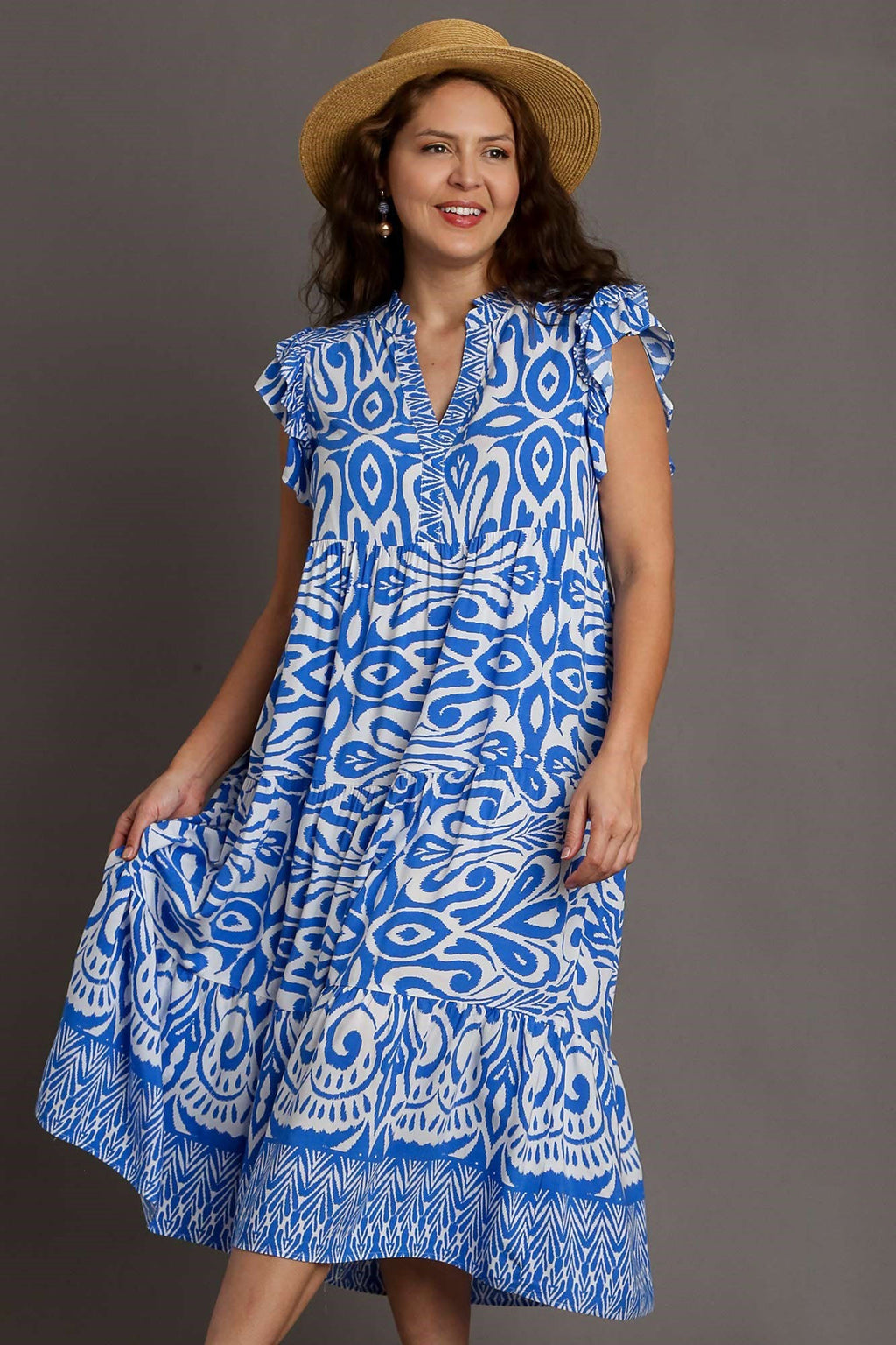 Blue Full Size Two-Tone Print Ruffle Cap Sleeve Midi Dress Plus Size Statement Piece Dress
