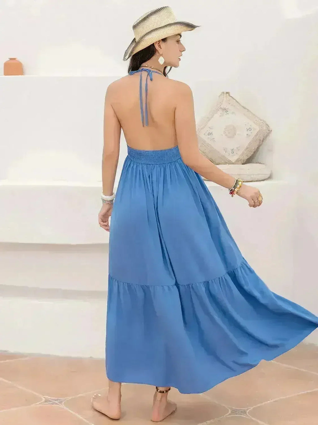 Printed Halter Neck Maxi Dress - Flowy Viscose Vacation Style | Femstylo