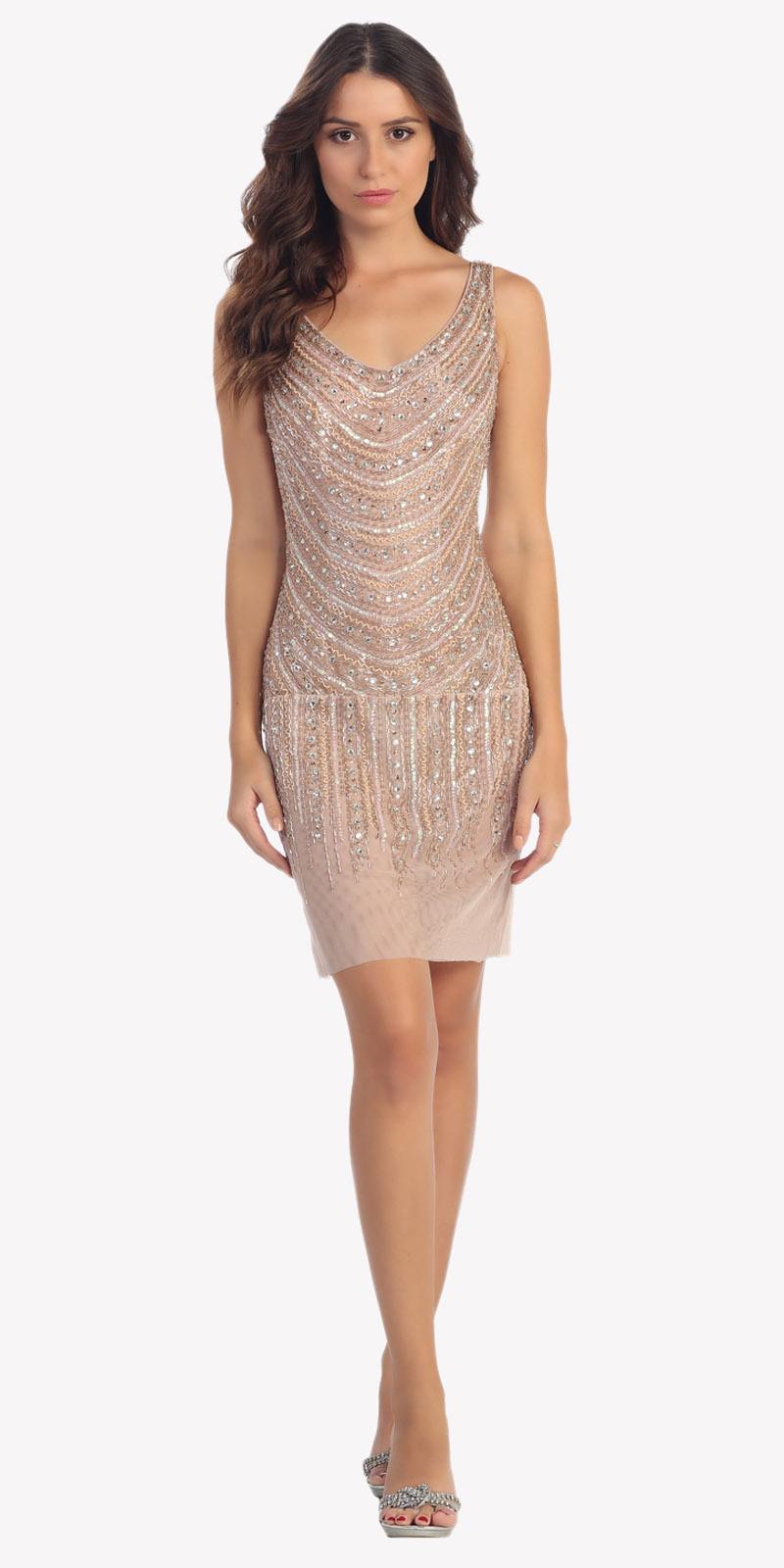 CLEARANCE - Fully Beaded Sexy Champagne Cocktail Dress Embellished (Size Medium)