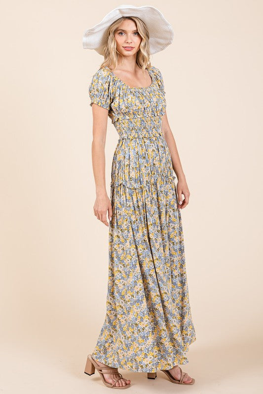 New Summer Flower Print Puff Sleeve Gathered Maxi Dress – Romantic and Feminine Floral Dress with Dramatic Sleeves