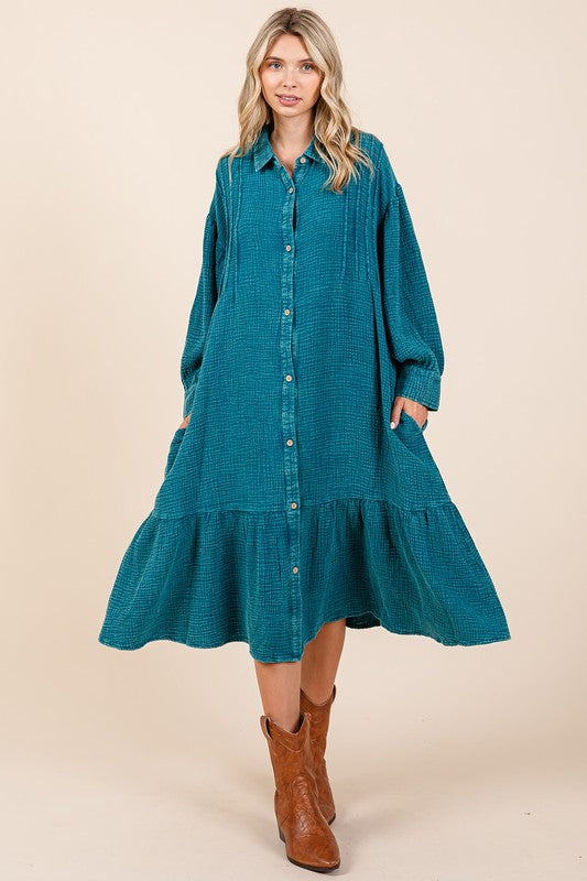 New Mineral Wash Cotton Gauze Ruffle Midi Shirt Dress For Women – Trendy, Chic, Casual & Feminine Design For Any Occasion