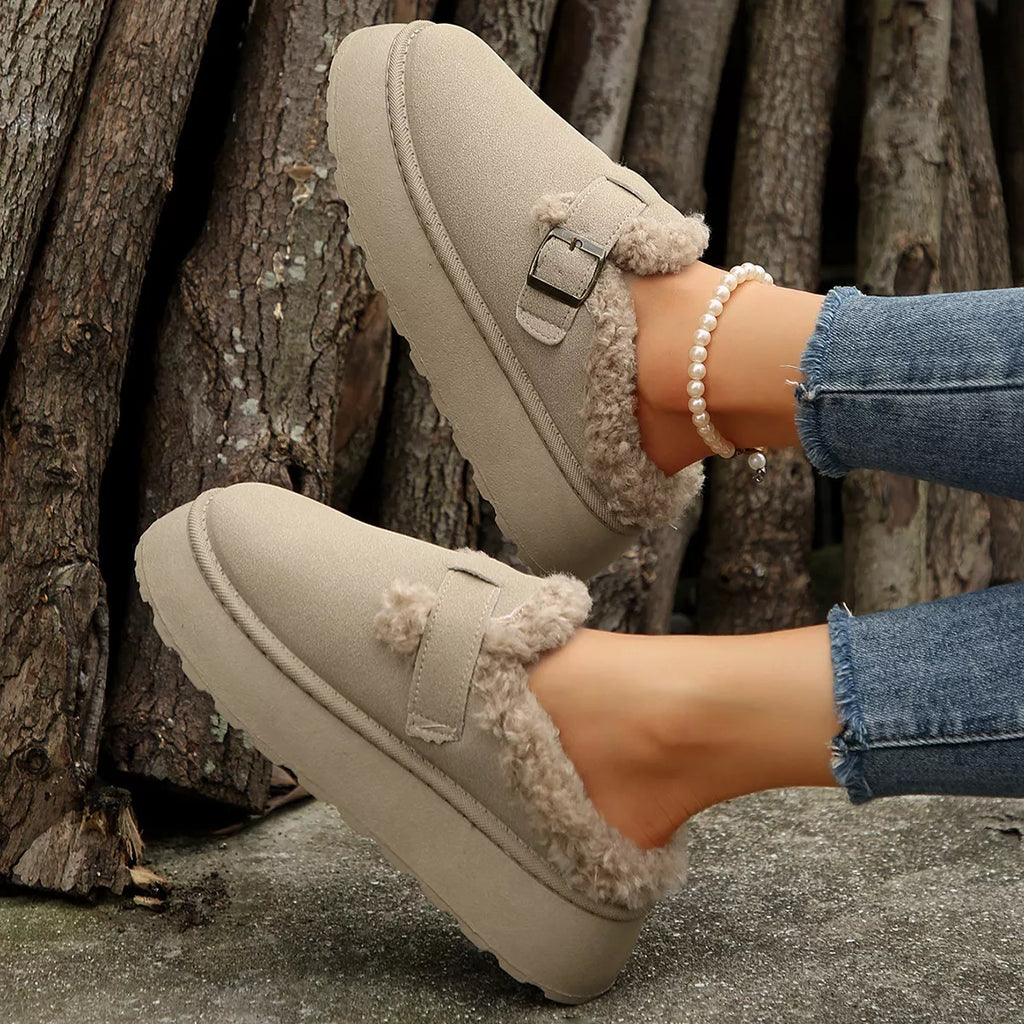 Fuzzy Trim Buckle Platform Slippers