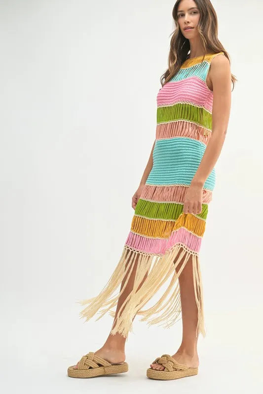 Multi Color Fringed Crochet Knit Dress For Women – Crochet Knit Dress, Fringed Dress, Multi-Color Dress, Bohemian Knit Dress, Festival Dress