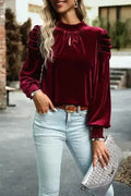 Fiery Red Velvet Blouse - Mock Neck & Puff Sleeves | Femstylo