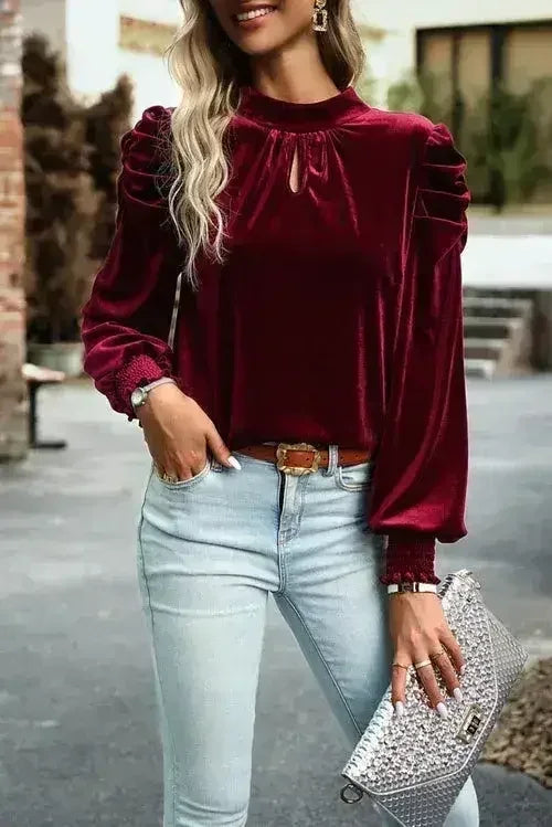 Fiery Red Velvet Blouse - Mock Neck & Puff Sleeves | Femstylo