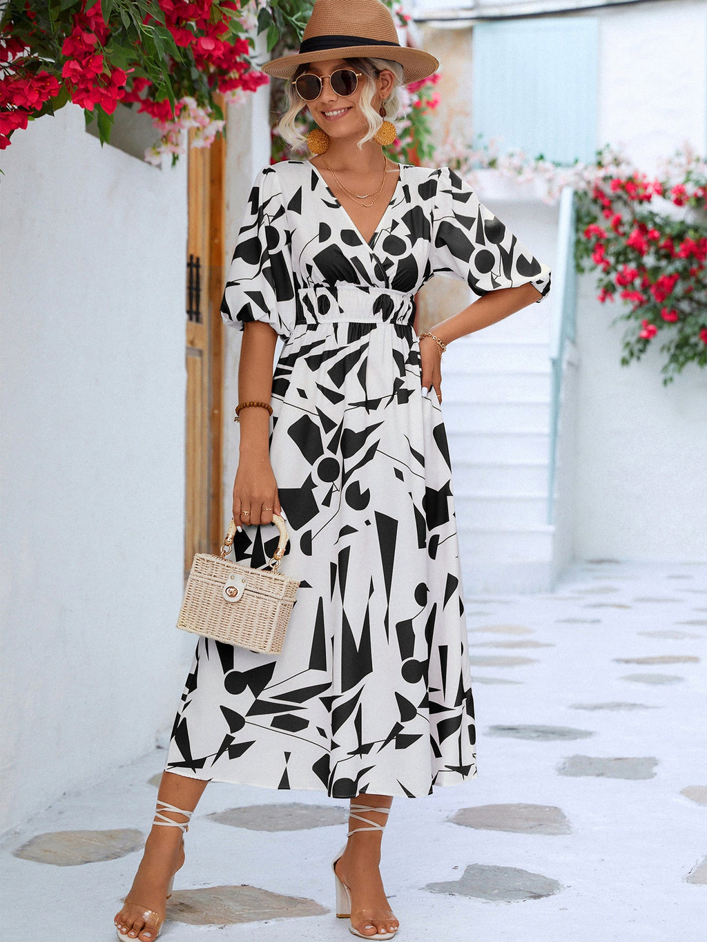 Black White Printed Balloon Sleeve Dress Elegant & Chic Casual Wear For Summer
