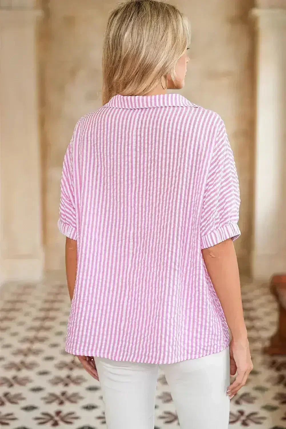 Sachet Pink Striped Dolman Sleeve Color Neckline Blouse | Femstylo