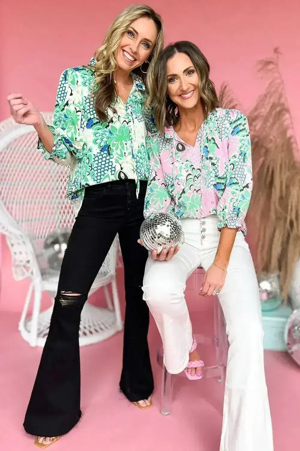 Green Floral V-Neck Blouse – Tied Detail & Loose Fit | Feminine Style