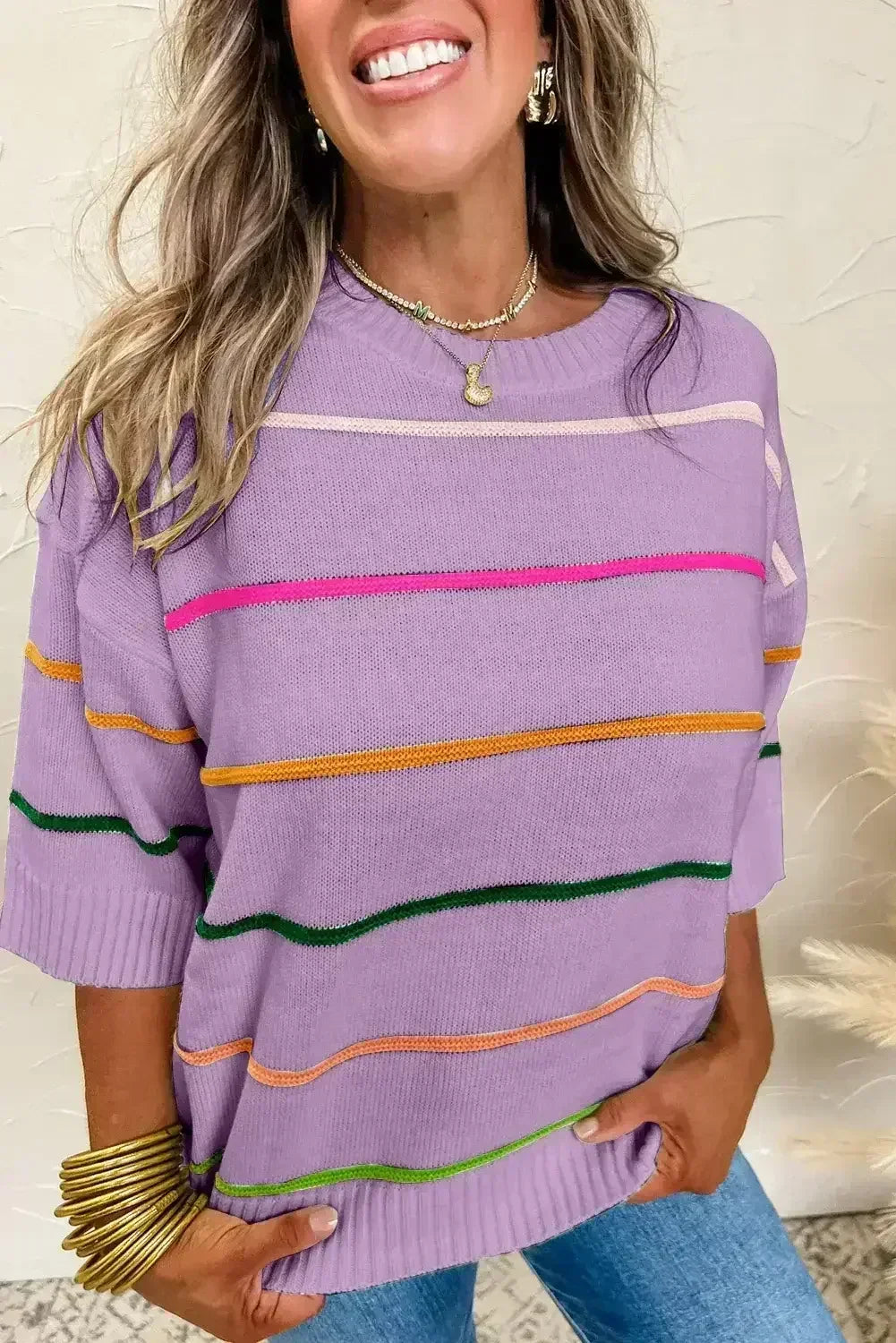 White Striped Half Sleeve Drop Shoulder Sweater