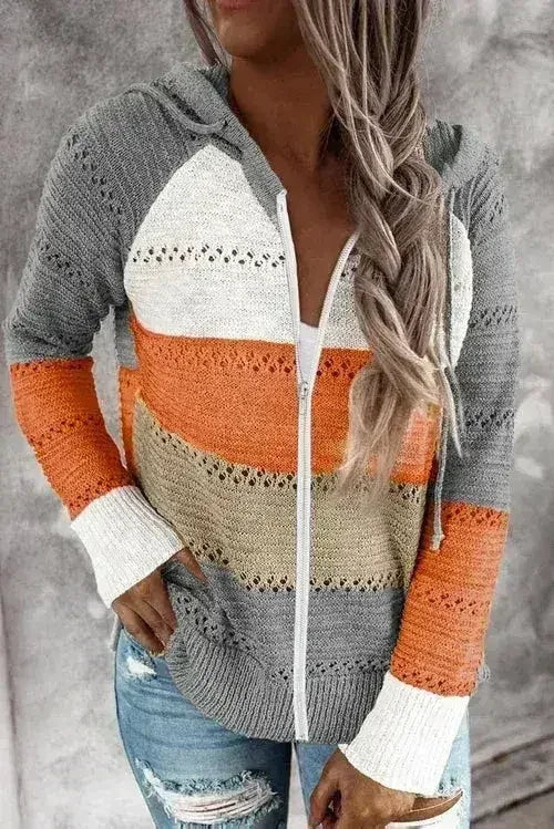 Womens Zipped Front Gray Colorblock Hollow-out Knit Hoodie