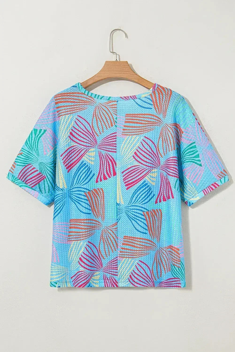Sky Blue Bowknot Print Waffle Loose Tee
