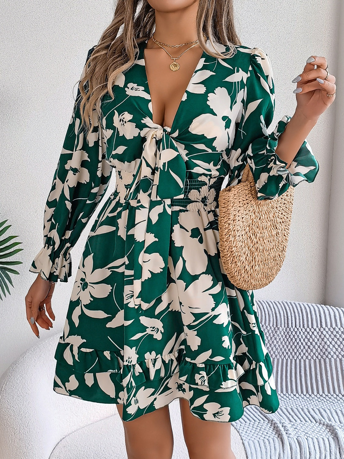Feminine Lilac Ruffled Printed Long Sleeve Dress Summer Cute Midi Dress