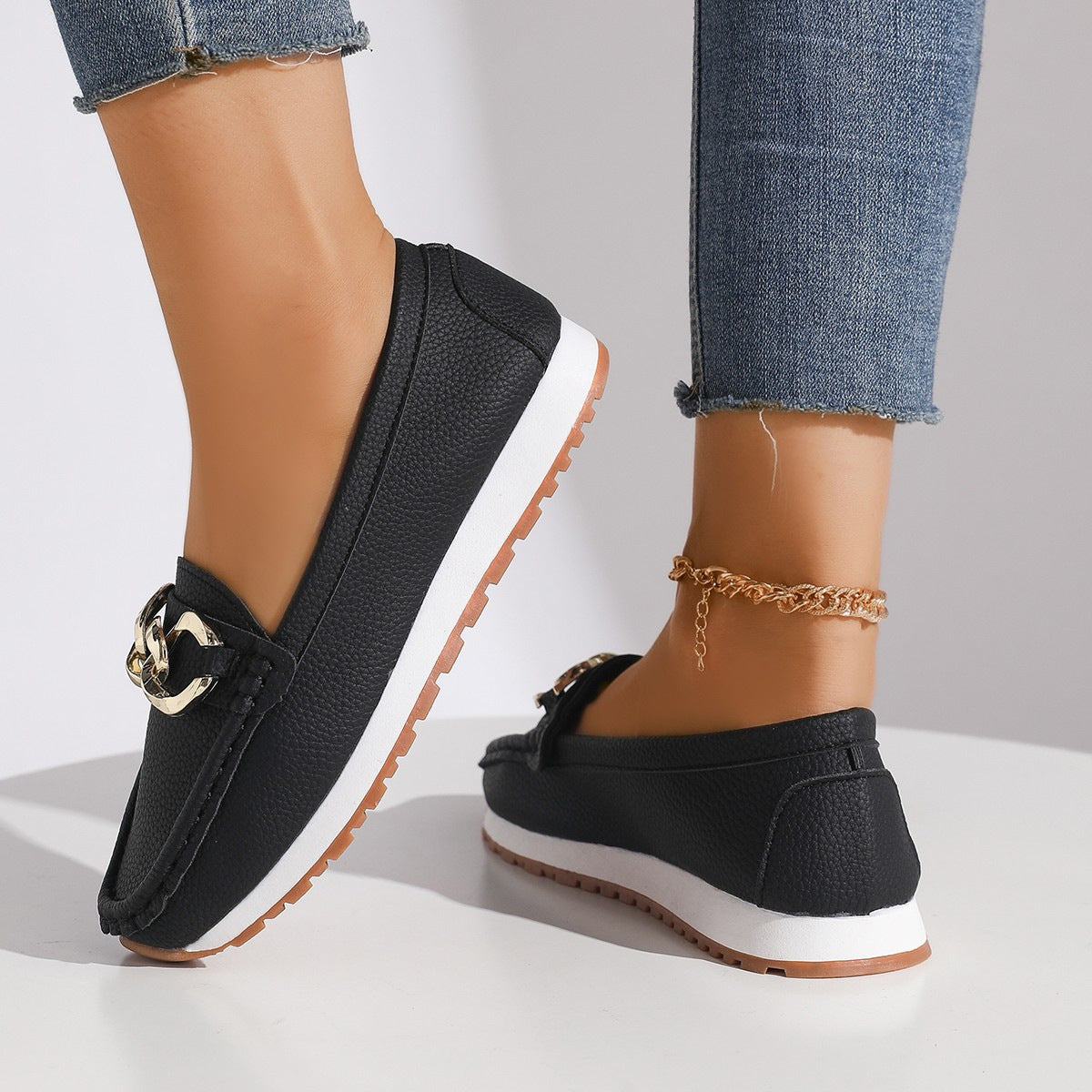 Women's Metal Buckle Slip-On Loafers - Casual Suede Leather Comfort Shoes