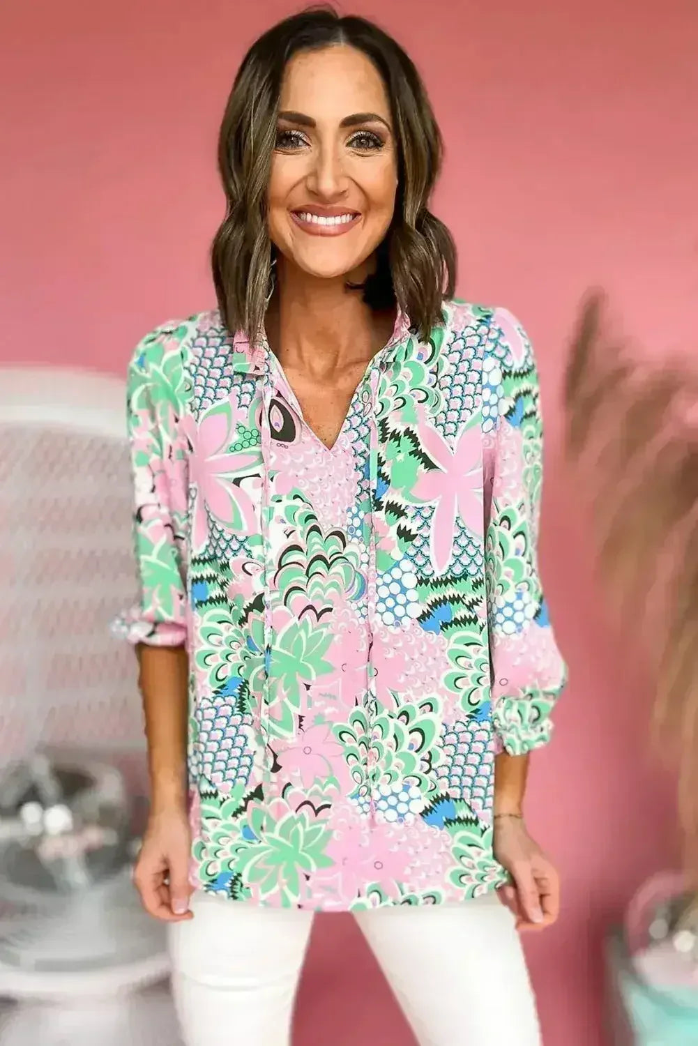 Green Floral V-Neck Blouse – Tied Detail & Loose Fit | Feminine Style