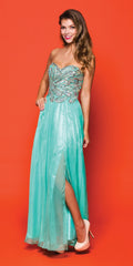 CLEARANCE - Juliet 548 Beaded Bodice Long Strapless Thigh Slit Formal Gown