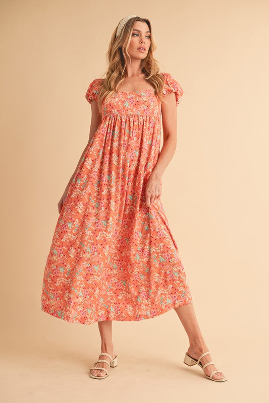 Cutout Back Floral Square Neck Puff Sleeve Midi Summer Dress For Women – Elegant & Feminine with Modern Details, Perfect for Special Occasions
