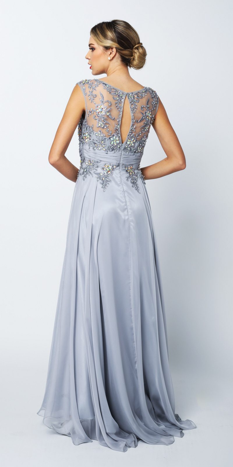 CLEARANCE - Juliet 552 Long Jewel Neckline Studded Bodice Silver A-Line Gown (Size M)