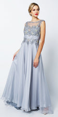 CLEARANCE - Juliet 552 Long Jewel Neckline Studded Bodice Silver A-Line Gown (Size M)