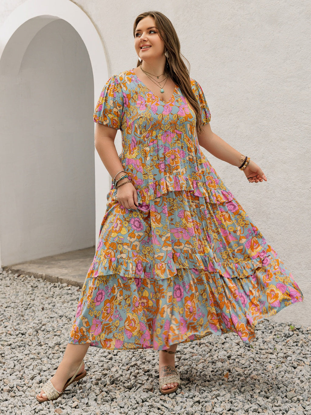 Plus Size Printed V-Neck Short Sleeve Maxi Dress Elegant & Flowy Summer Dress For Girls