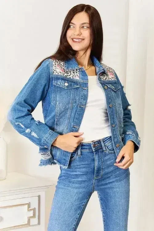 Leopard Floral Denim Jacket - Distressed Raw Hem | Femstylo