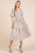 New Floral Embroidered Smocked Puff Sleeve Tiered Midi Dress For Women Elegant,Charming and Feminine Floral Embroidered Midi Dress with Puff Sleeves and Tiered Design