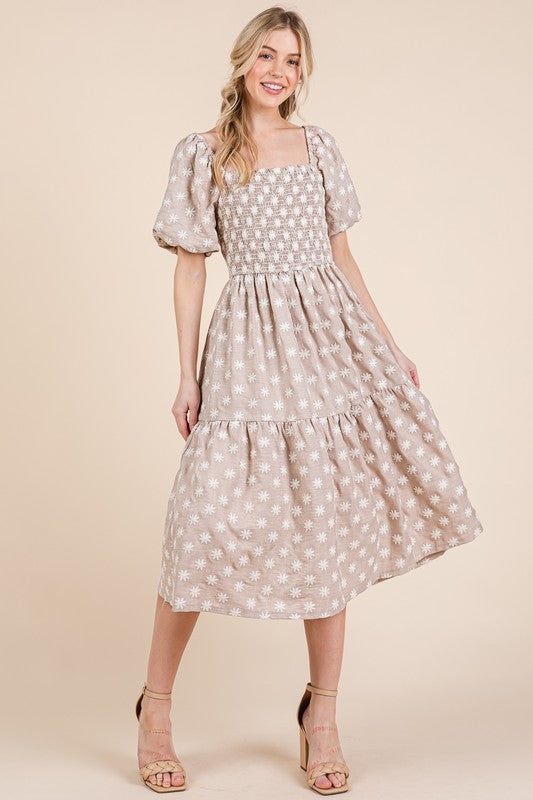 New Floral Embroidered Smocked Puff Sleeve Tiered Midi Dress For Women Elegant,Charming and Feminine Floral Embroidered Midi Dress with Puff Sleeves and Tiered Design