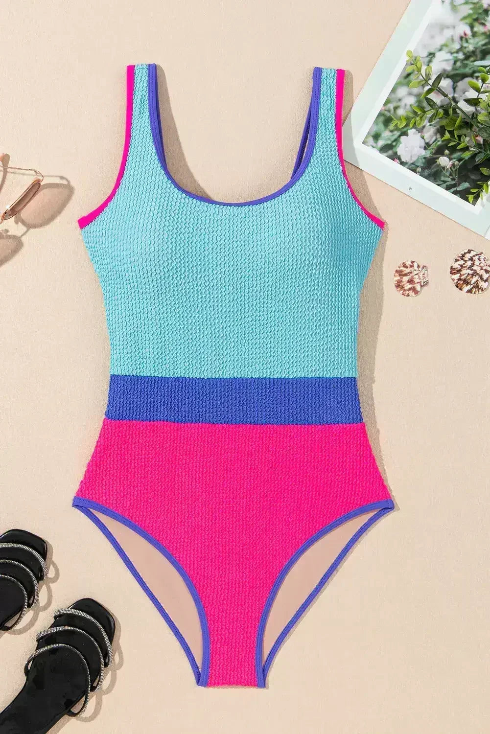 Rose Red Textured Colorblock One Piece Swimsuit