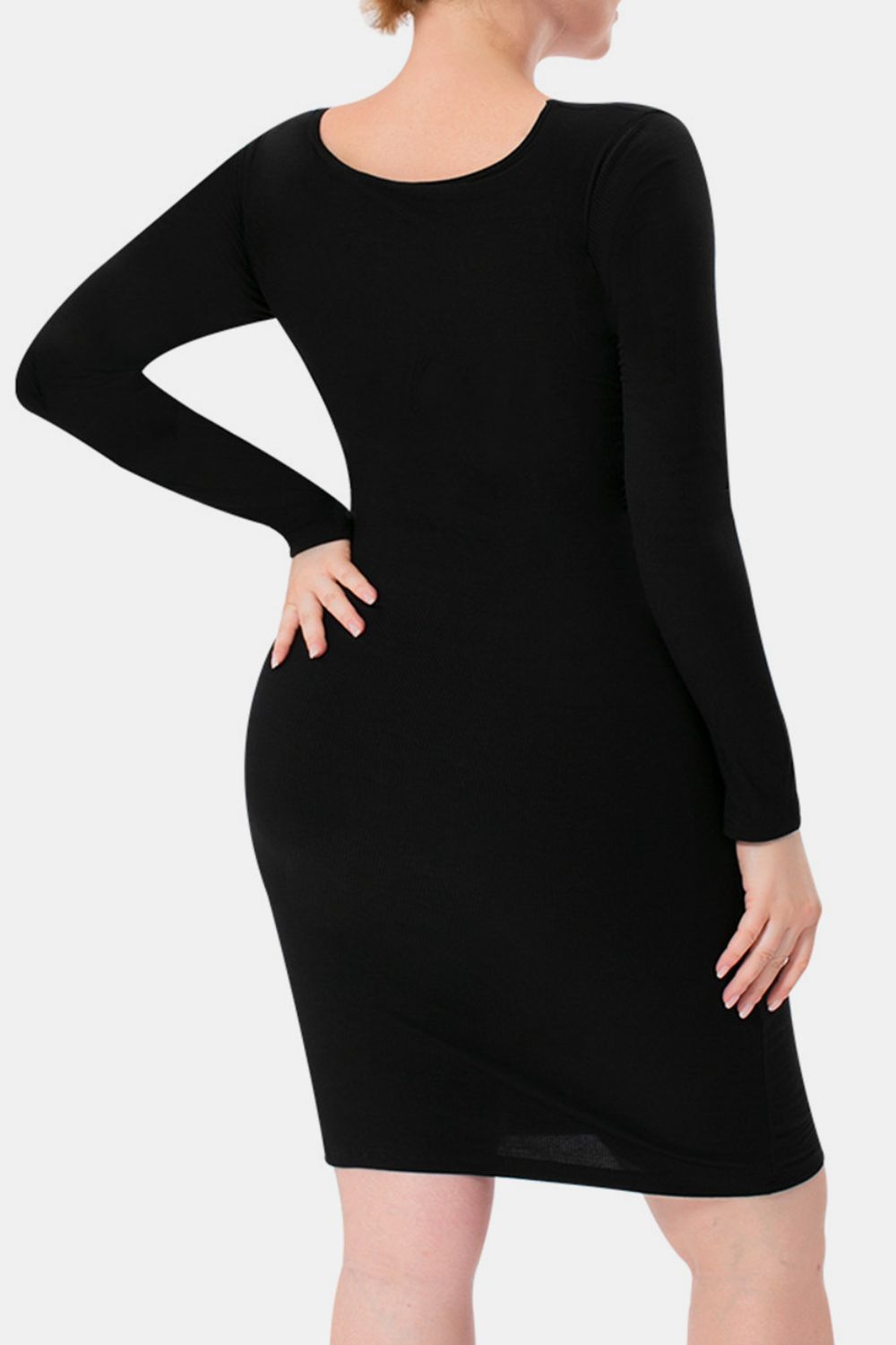 Elegant Black Full Size Built-In Shapewear Square Neck Long Sleeve Dress Sculpting Fit Dress for Women