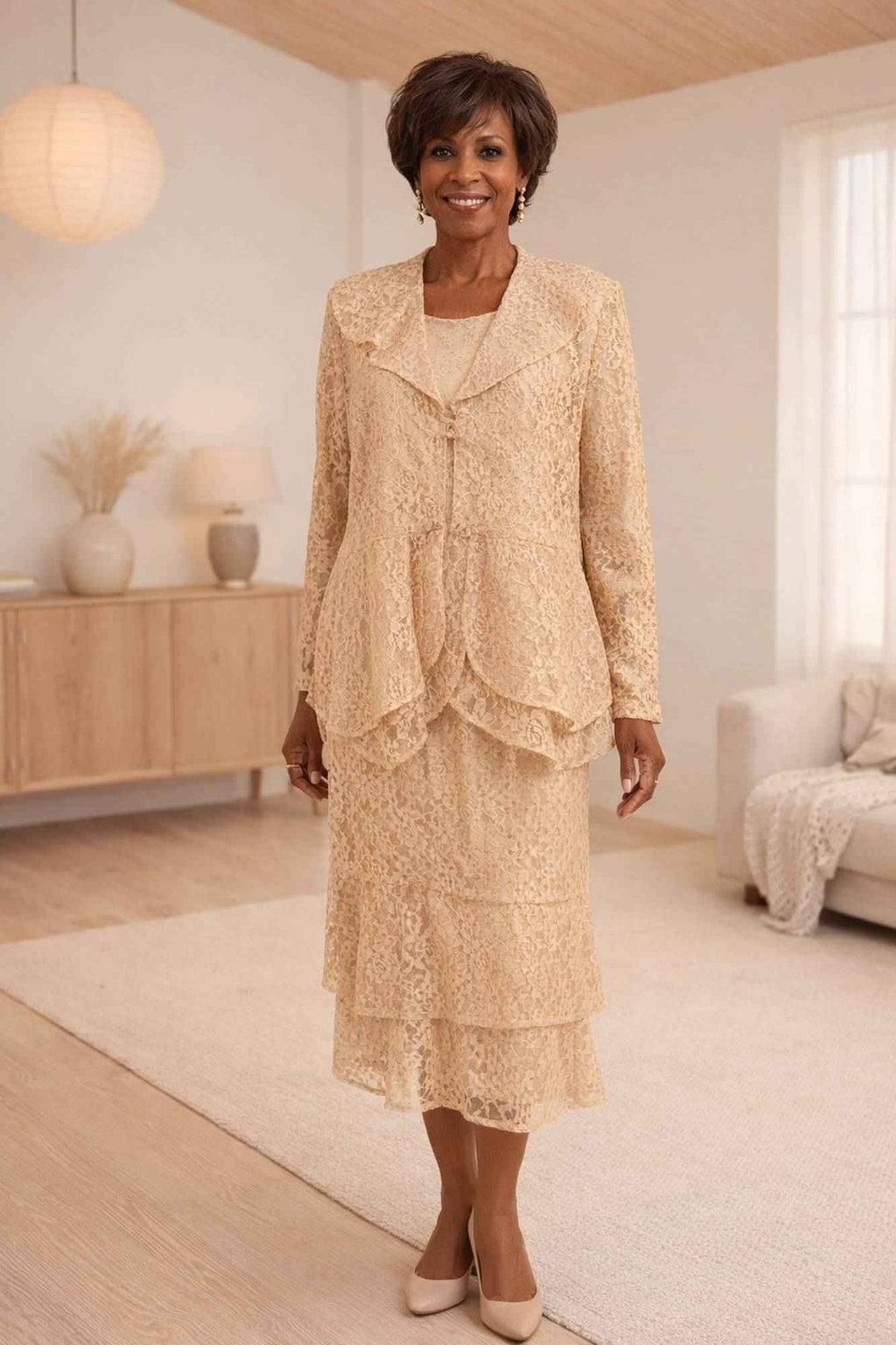 CLEARANCE - Hosanna 5616 Modest 3-Piece Set Ankle Length Lace Pink Dress (Size XL)