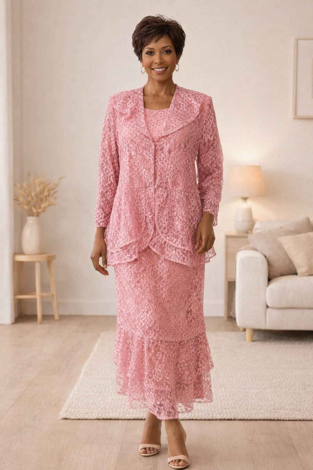CLEARANCE - Hosanna 5616 Modest 3-Piece Set Ankle Length Lace Pink Dress (Size XL)
