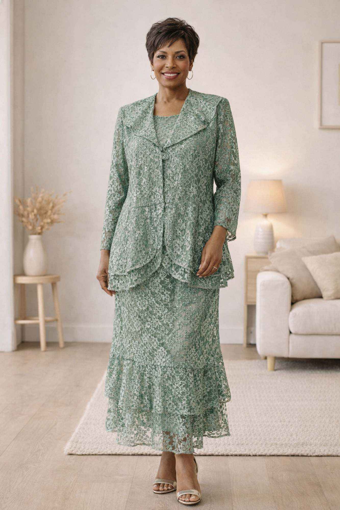 CLEARANCE - Hosanna 5616 Modest 3-Piece Set Ankle Length Lace Pink Dress (Size XL)