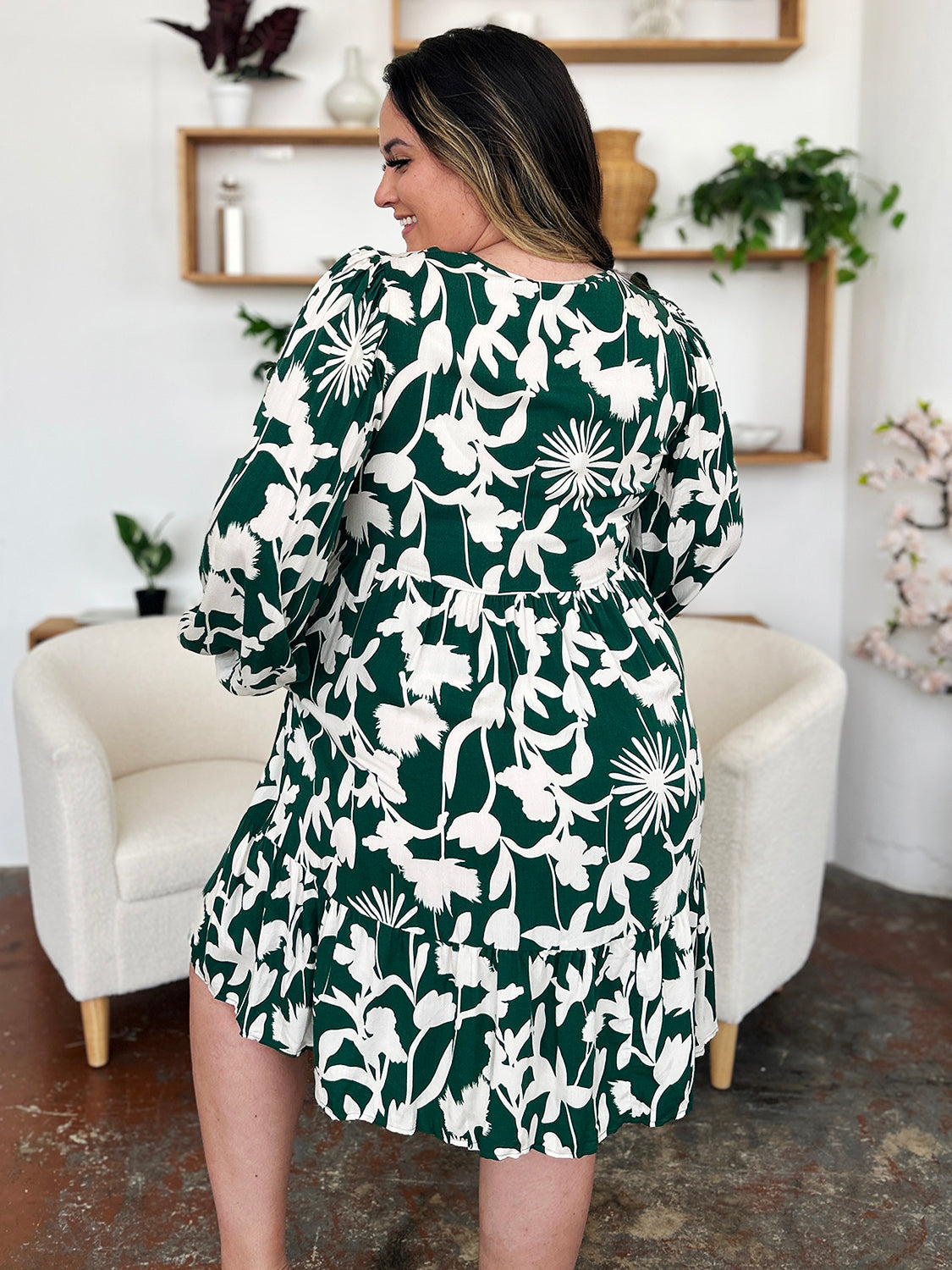 Double Take Full Size Printed Ruffle Hem Dress with Pocket Stylish & Functional Women Dress