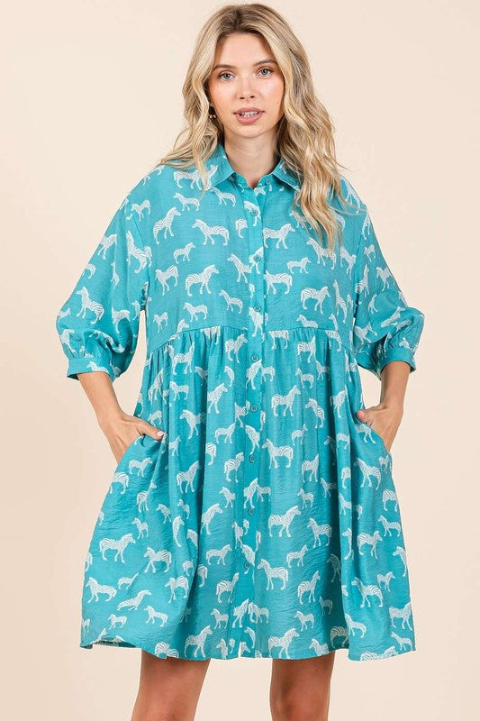 Zebra Print Button-Down Shirt Mini Dress For Women – Bold and Fashion-Forward with Tiered Detail