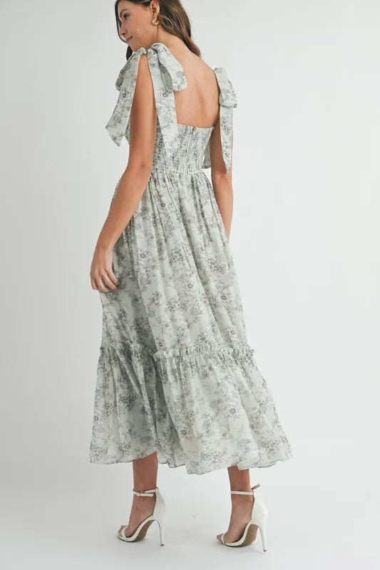 Floral Bust Ruched Midi Dress with Shoulder Tie For Women – Ruched Midi Dress For Summer, Floral Bust Dress, Shoulder Tie Dress, Feminine Midi Dress, Chic Event Dress