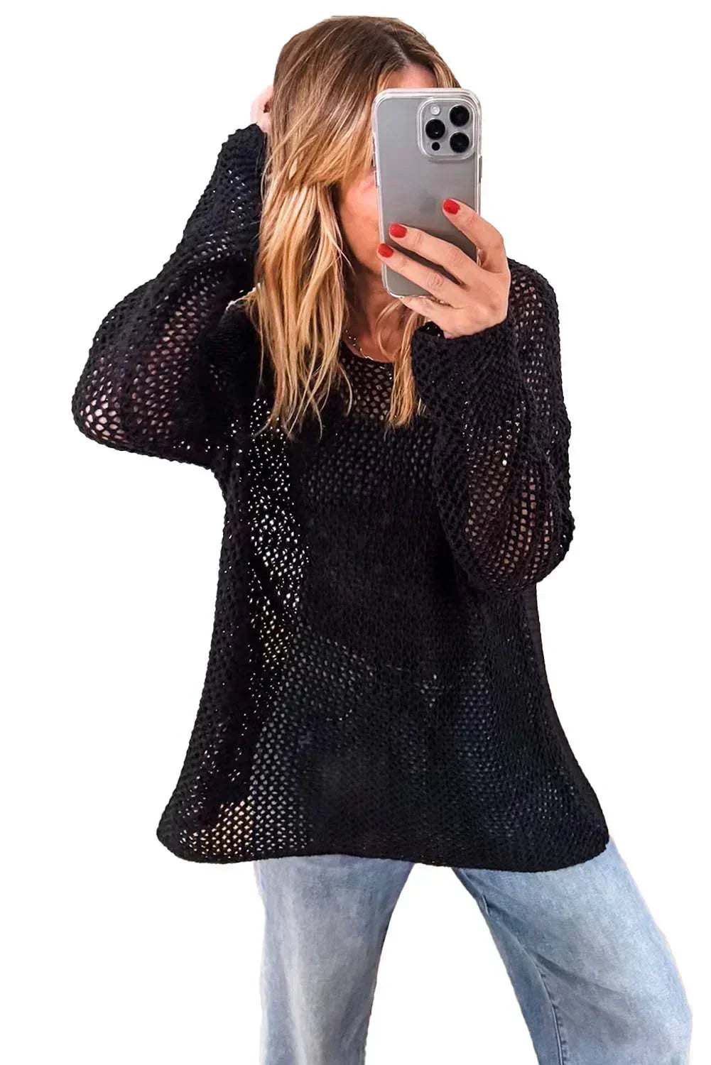 Smoke Gray Crochet Hollow-out Knit Sweater