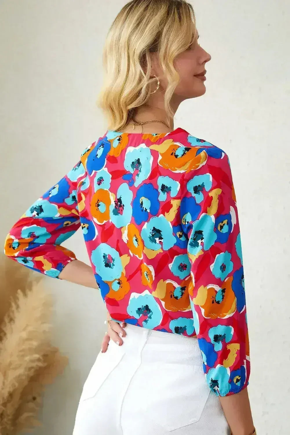 Floral Print V Neck Blouse - 3/4 Sleeve & Non-Stretch | Femstylo