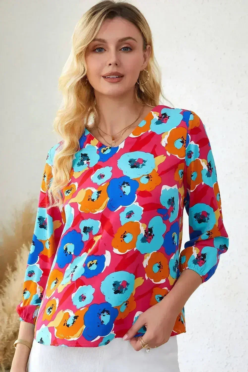 Floral Print V Neck Blouse - 3/4 Sleeve & Non-Stretch | Femstylo