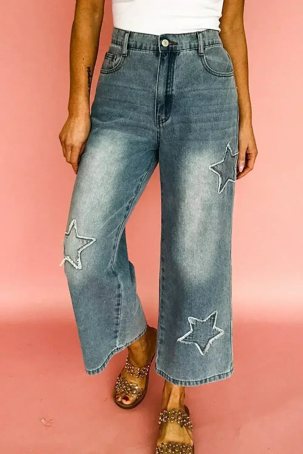 Stone Blue Star Patchwork Light Wash Wide Leg High Waist Jeans