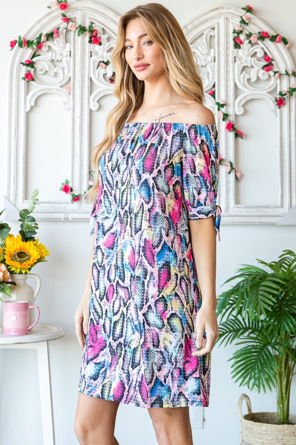 Full Size Off Shoulder Snake Mini Summer Dress – Bold Snake Print Dress, Fluttering Trendy Off Shoulder Dress, Edgy Snake Mini Dress, Statement Mini Dress, Chic Off Shoulder Dress, Sexy Snake Print Dress, Fashion Forward Mini Dress