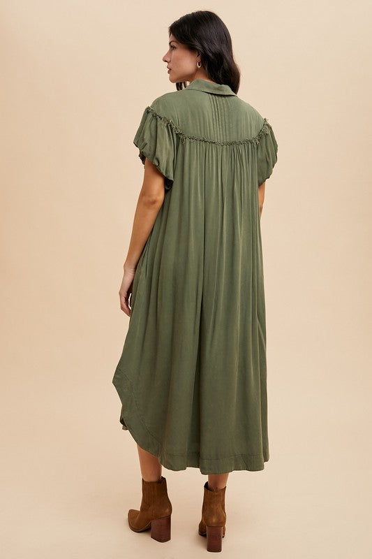 Mineral Washed Button Down Puff Sleeve Shirt Dress For Women – Fluttering, Fashionable Button Down Dress with Puff Sleeves, Mineral Wash for an Effortlessly Chic Look