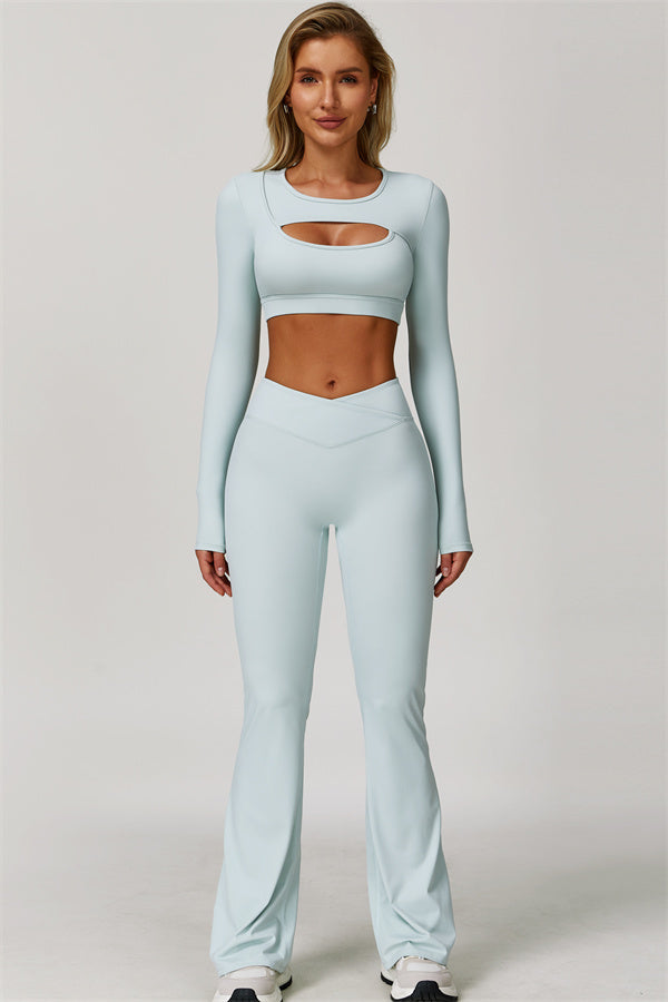 The Lavish Long Sleeve Cut-out Crop Top Flared Leggings 2-Piece Set