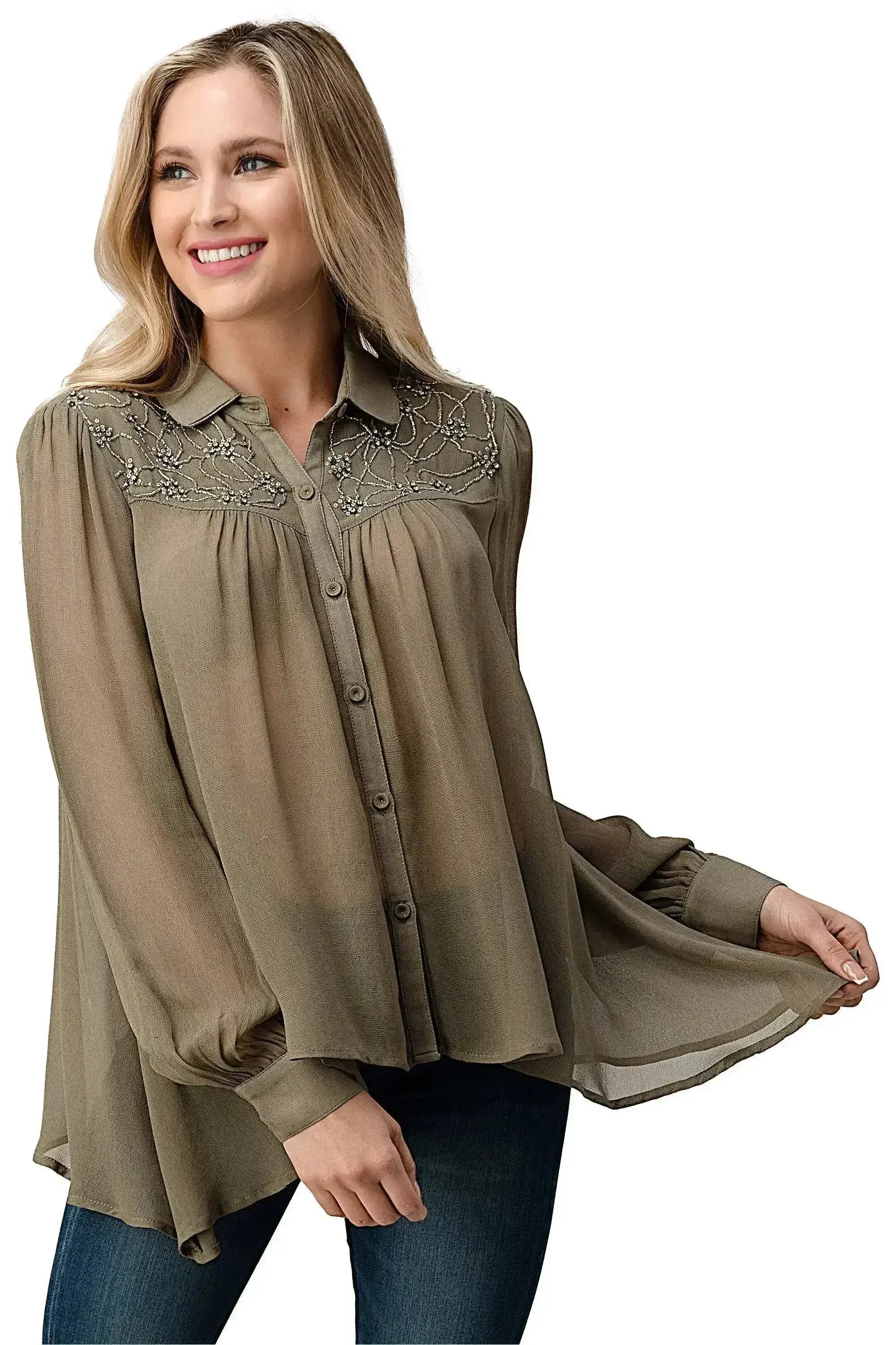 Embroidered Sheer Blouse - Beaded Jewel Trim Button-Up Top | Femstylo