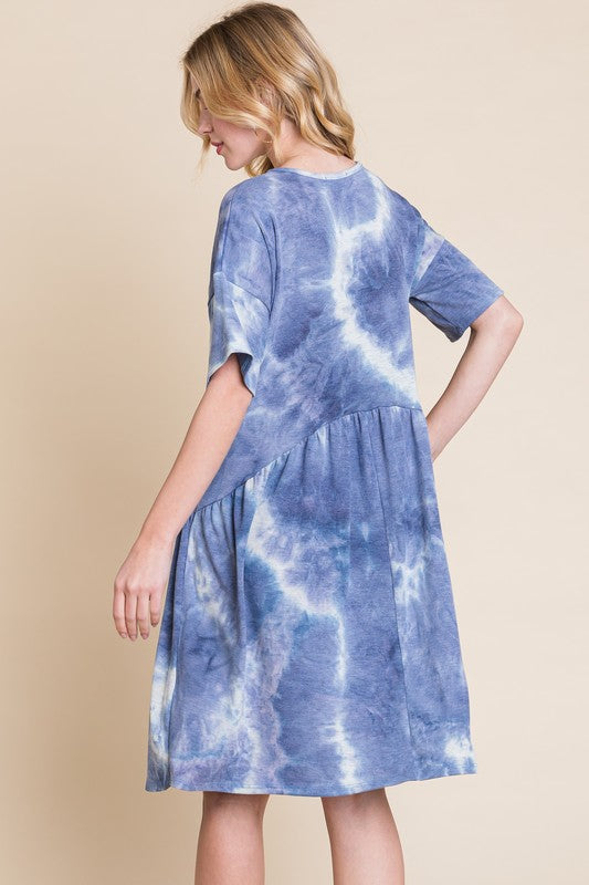 Tie-Dye V-Neck Half Sleeve Dress – Casual, Fluttering, Stylish and Trendy Tie-Dye Dress with Flattering V-Neck and Comfortable Half Sleeves