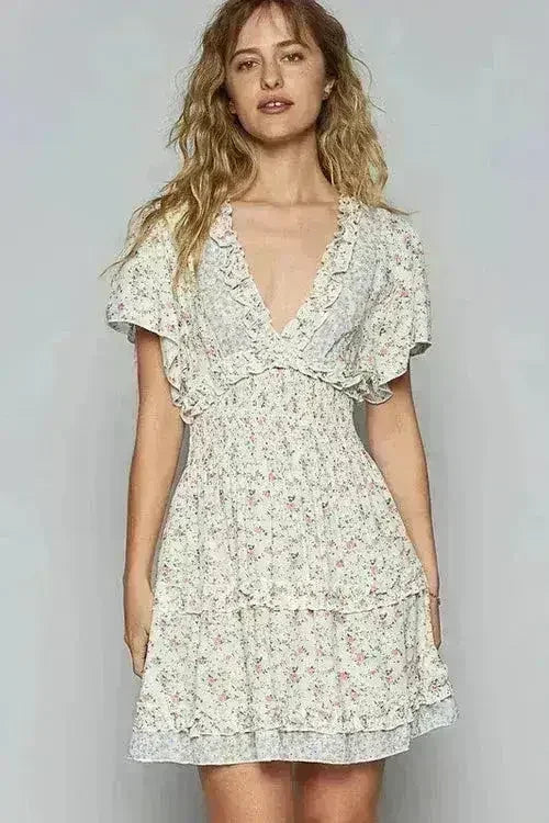 Floral V-Neck Mini Dress with Cutout Back & Frill - Femstylo