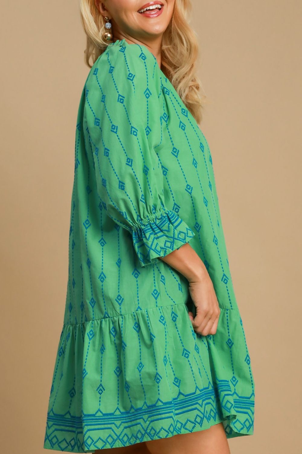 Full Size Tassel Embroidered Sleeve Mini Dress Plus Size Feminine & Stylish Green Dress