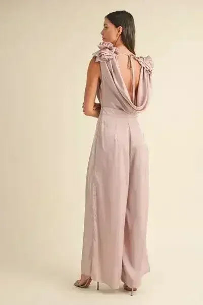 MABLE 3D Floral Applique Deep Cowl Neck Jumpsuit